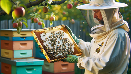 Beekeeper protective clothing inspecting honeycomb frame apiary. Beekeeping honey production concept - 783401236