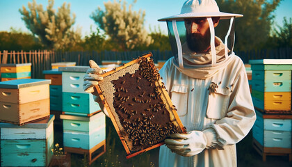 Beekeeper protective clothing inspecting honeycomb frame apiary. Beekeeping honey production concept - 783401237