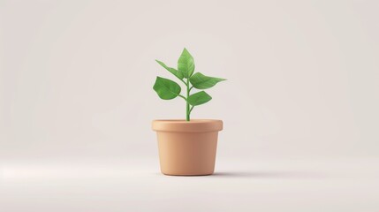 Small houseplant in a brown flower pot on a light background. 3D rendering of a cartoon plant. 3D rendering of a small houseplant in a brown flower pot with green leaves on a light background.