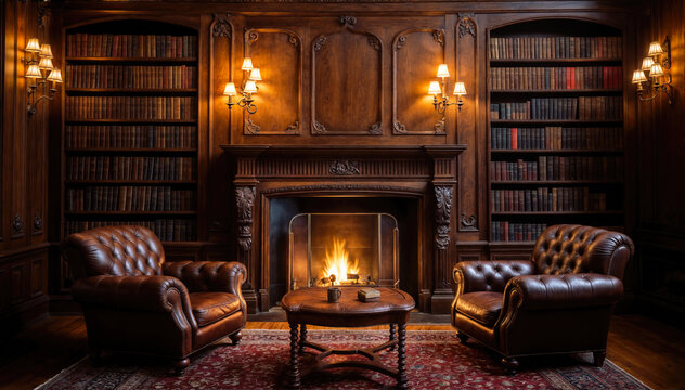 Interior of an old library with a fireplace and armchairs.