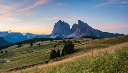 alpe di siusi seiser alm in the dolomites in italy during sunset - obrazy, fototapety, plakaty