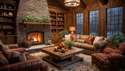 Interior of a cozy living room with fireplace. 3D rendering