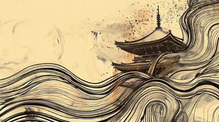 Beautiful Japanese traditional abstract art illustration with an antique temple. Ai generative