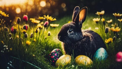 adorable bunny with easter eggs in flowery meadow - obrazy, fototapety, plakaty