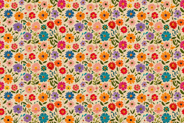 Colorful floral pattern with a variety of flowers on a beige background
