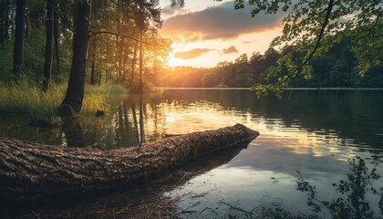 lake in the forest at sunset with tree trunk in the foreground