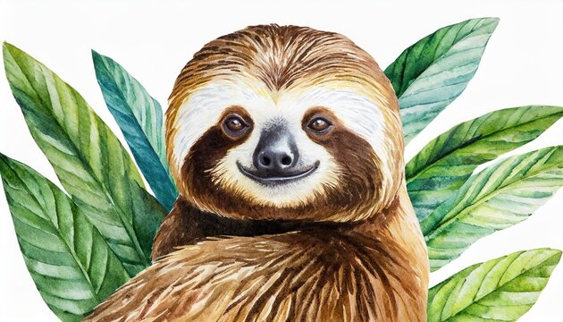 watercolour unau sloth isolated on white background hand painting realistic wild animal illustration clip art