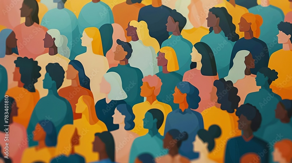 Poster large crowd of diverse people represented in a paper cutout style symbolizing unity diversity and co