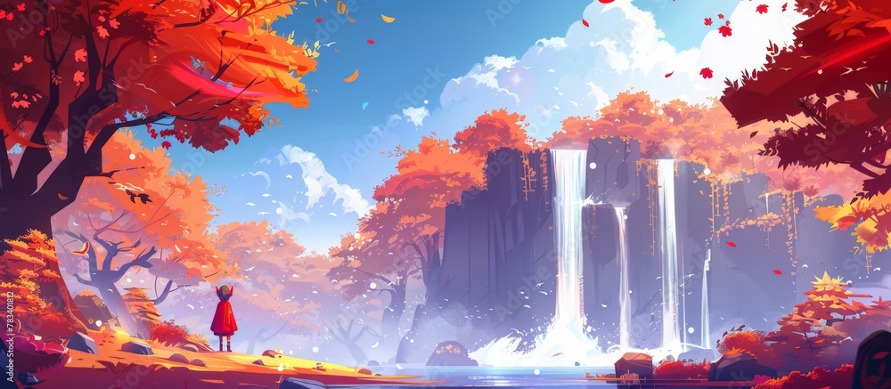 Poster individual standing in front of cascading waterfall surrounded by dense greenery in a tranquil fores