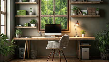 Interior of modern home office. Workplace with computer. 3d render