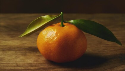 small organic tangerine with stem on wood table