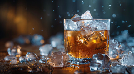 whiskey glass , ice cubes,  wooden table close-up, detailed, beverage,  condensation,  chilled, ice-cold, refreshing,  - obrazy, fototapety, plakaty