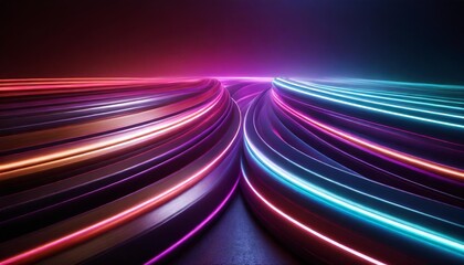 3d render abstract colorful neon background rounded lines glowing with red pink blue light backdrop of metal strips ultraviolet spectrum cyber space