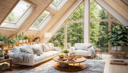 Fototapeta premium Interior of modern attic living room with sofa and coffee table in front of window