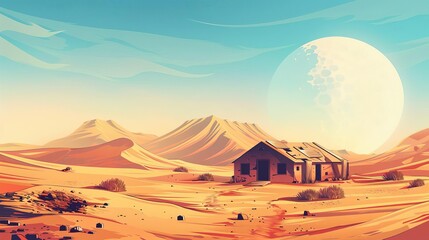 lone desert outpost shelter arid expansive surroundings vector illustration