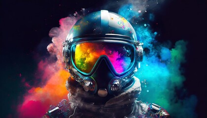 helmet realistic astronot with glasess rainbow color smoke spash background cyberpunk mode color...