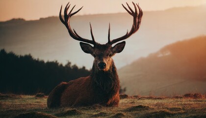 red deer stag at dawn - obrazy, fototapety, plakaty