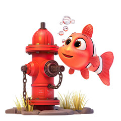 Cartoon fish happily swimming with bubbles above a fire hydrant, while a submarine inspects it.