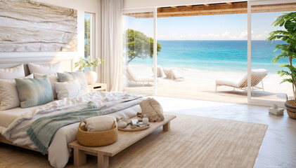 Luxury bedroom with sea view. 3d rendering mock up - obrazy, fototapety, plakaty