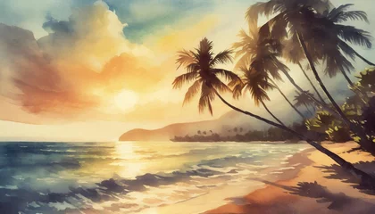 Küchenrückwand glas motiv summer background palms sky and sea sunset gorgeous landscape watercolor © Adrian