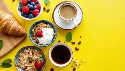 Obraz na płótnie Canvas healthy breakfast set with coffee and granola overhead view copy space yellow background