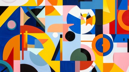 Brightly colored geometric shapes and patterns in a modern abstract painting. Vibrant abstract painting with dynamic geometric shapes in a modern style, ideal for contemporary spaces.