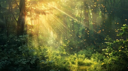 lush green forest illuminated by golden sun flares nature digital painting