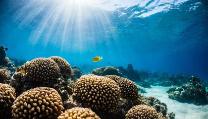 Naklejka na ściany i meble ocean coral reef underwater with beautiful fishes and sun rays sea world underwater background okean wildlife the concept of the underwater world diving and snorkeling generative ai