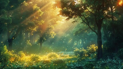 Fototapeta na wymiar lush green forest illuminated by golden sun flares nature digital painting