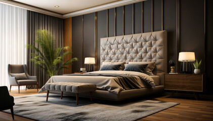 Bedroom interior. 3d illustration. Bedroom in modern style.