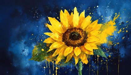 yellow sunflower on deep blue background with watercolor splashes