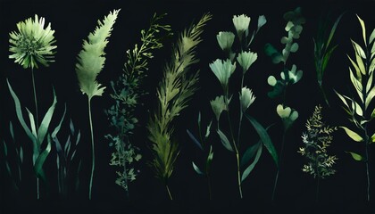 floral set of green grasses wild plants and flowers climbing plants and bushes watercolor isolated...