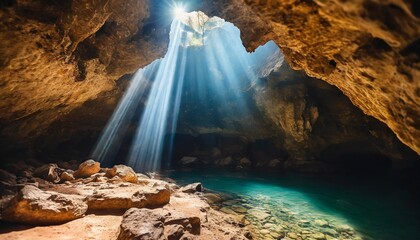 ai generated ai generative old deep cave under earth witn sun ray light from above adventure exploration vibe