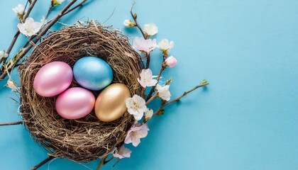 easter holiday celebration golden and pastell blue and pink eggs on bird nest on bright blue background top view with space for text and design greeting card banner - Powered by Adobe