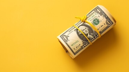 An overhead close-up of rolled one-dollar paper currency tied on a yellow background provides copy space, symbolizing financial transactions and savings