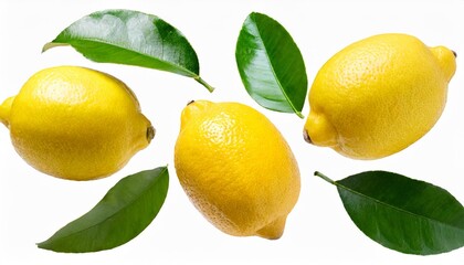 collection of flying ripe juicy yellow lemons green leaves isolated cut out organic lemon with clipping path citrus tropical fruit vitamin c creative food levitation concept mockup