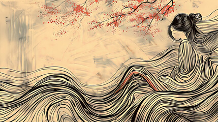 Beautiful Japanese traditional girl with long black hair, abstract art illustration. Ai generative