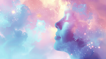 Dreamy Thoughts: A Vector Background with a Dreamy Representation of a Human Head, Incorporating Dreamlike Imagery and Soft Colors, Ideal for Dream Interpretation Themes - obrazy, fototapety, plakaty