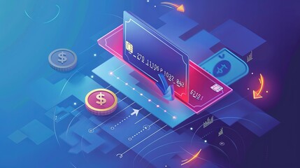 The exchange of funds by bank cards is depicted in the Cashback concept with money and arrows, illustrating the cashback service in a 3D vector illustration
