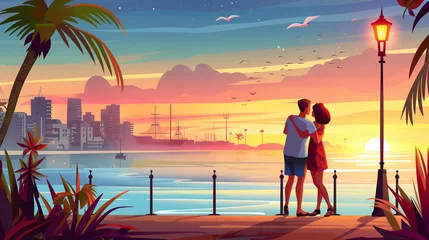 Foto op Canvas Romantic lovers walks on seacoast.Couple in love vacation in the city, honeymoon.Vector cartoon illustration with tropical landscape, sea, ocean, town buildings. Urban life in a resort town in summer. © Evgeniya