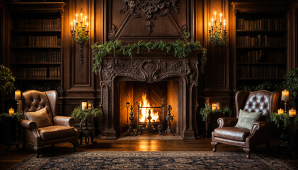 Fototapeta na wymiar Luxurious interior of a classic living room with fireplace and armchairs.