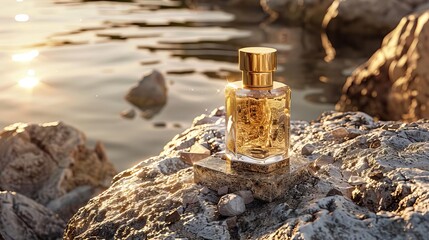 luxurious gold perfume bottle mockup with chrome accents and marbled glass product display on rock at golden hour