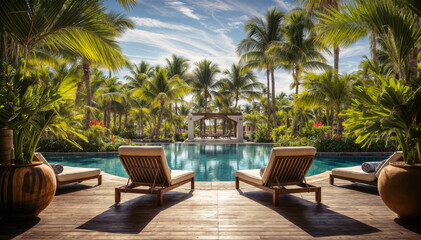 Swimming pool in luxury hotel resort with palm trees and deck chairs - obrazy, fototapety, plakaty