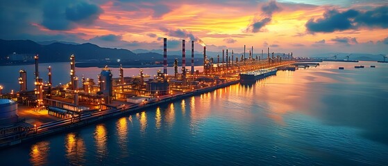 Harmony of Industry: LNG Terminal at Dusk. Concept Industrial Architecture, LNG Terminal, Dusk Setting