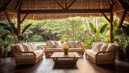 Interior of a tropical villa with rattan sofa and table