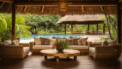 Swimming pool with rattan furniture in tropical garden. 3d rendering - obrazy, fototapety, plakaty