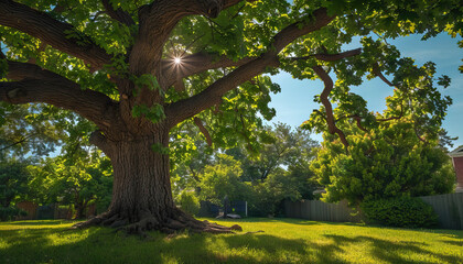The old oak tree in the backyard provided shade on hot summer days. - obrazy, fototapety, plakaty