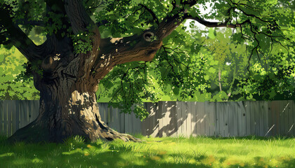 The old oak tree in the backyard provided shade on hot summer days. - obrazy, fototapety, plakaty