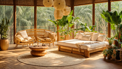 Interior design of modern living room with rattan furniture. 3d render