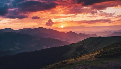 utterly spectacular view of the sunset over the mountain ranges carpathian mountains ukraine - obrazy, fototapety, plakaty